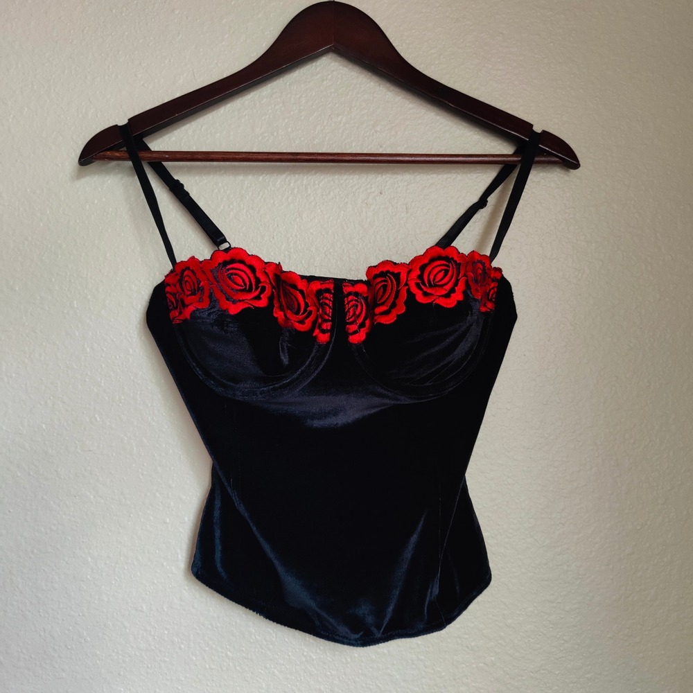 Black Velvet Bustier Corset Top Red Rose Floral Embroidery Vamp Goth Romantic